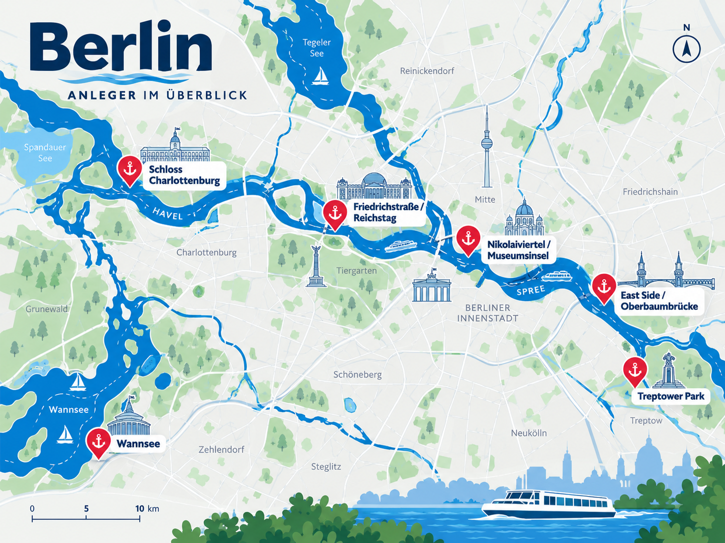Illustrierte Wasserkarte von Berlin mit Spree, Landwehrkanal, Wannsee und markierten Anlegerlagen für Bootstouren.