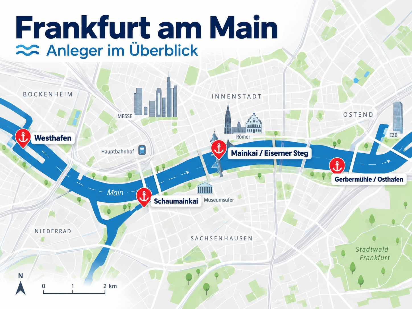 Illustrierte Wasserkarte von Frankfurt am Main mit Mainufer, Skyline und markierten Anlegerlagen für Bootstouren.