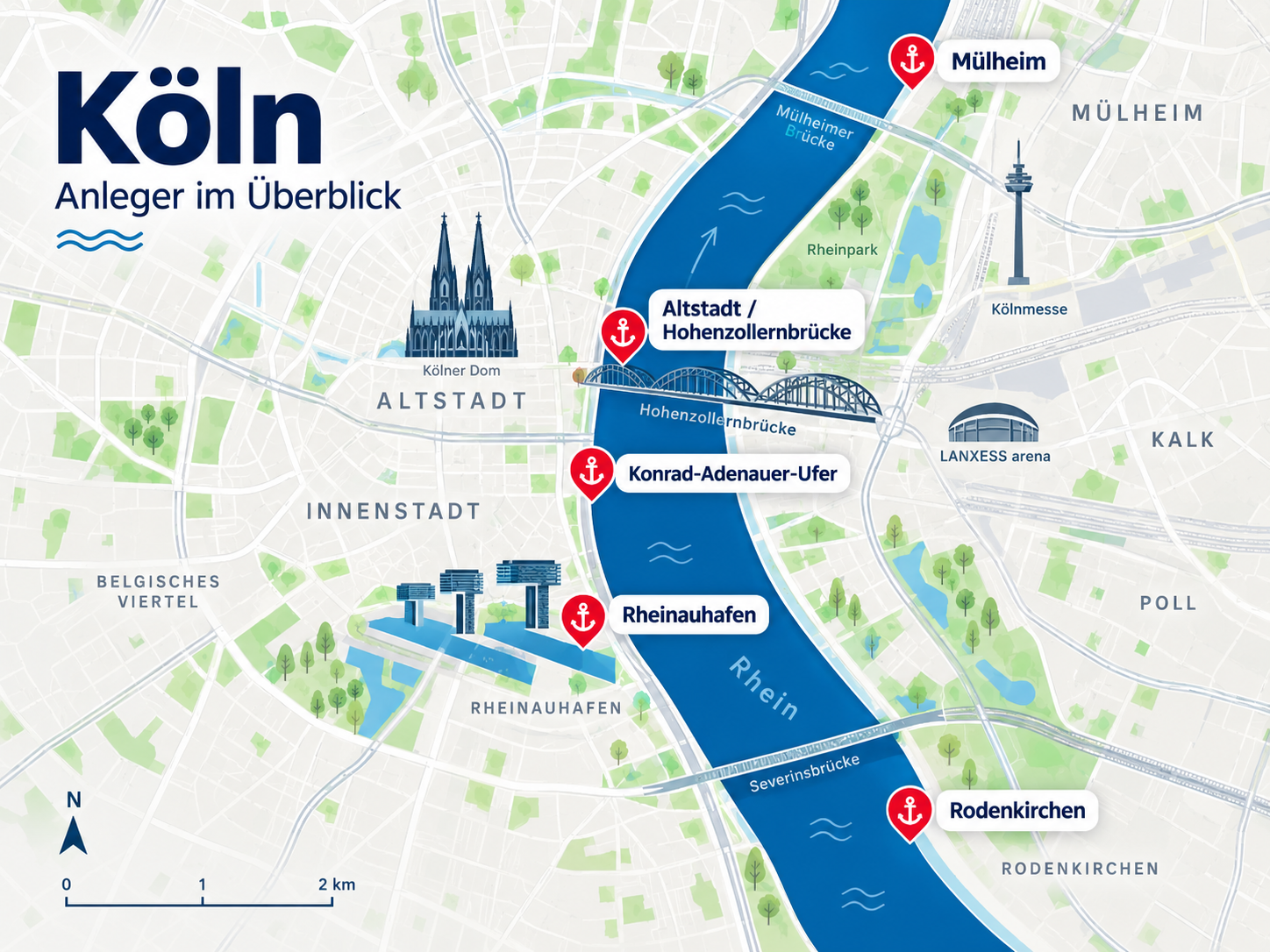 Illustrierte Wasserkarte von Köln mit Rhein, Altstadt und markierten Anlegerlagen für Bootstouren.