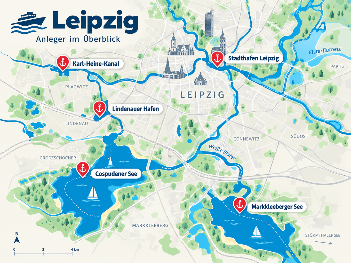 Illustrierte Wasserkarte von Leipzig mit Karl-Heine-Kanal, Weißer Elster, Auwald und markierten Anlegerlagen für Bootstouren.